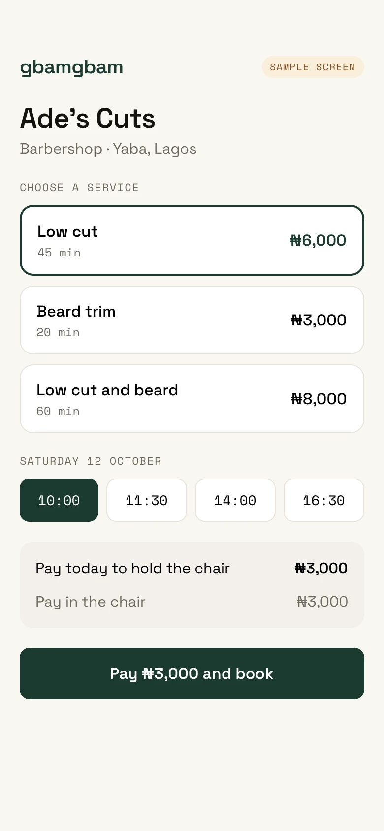 Sample Gbamgbam booking screen: choose a service, pick a time, then pay half today to hold the chair.